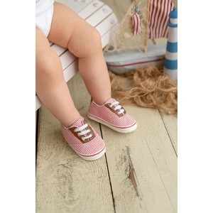 First Step Kırmızı Çizgili Kız Bebek Patik Ayakkabı