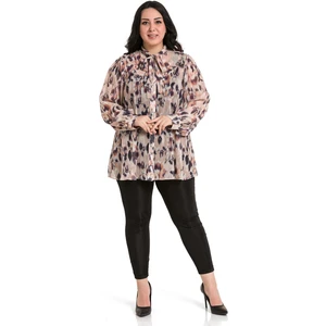 Disentis Modest Büyük Beden Çiçek Desenli Kendinden Fularlı Manşetli Somon Şifon Gömlek