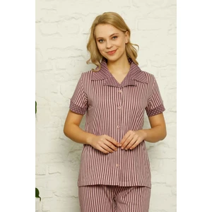 Farya Home Dreamy Pamuklu Kısa Kollu Çizgili Gömlek Pijama Takımı Lila