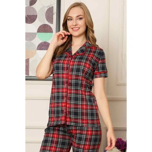 Farya Home Dreamy Ekoseli Pamuklu Biyeli Kısa Kollu Gömlek Pijama Takımı