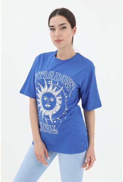 Vapur Bisiklet Yaka Güneş Baskılı T-Shirt - Mavi
