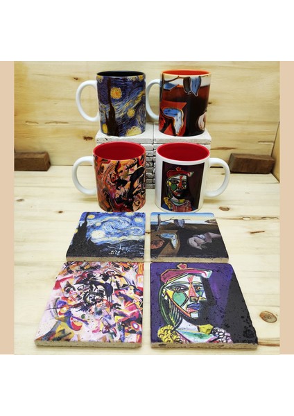 Van Gogh, Dali, Picasso, Kandinsky İçi Renkli Kupa ve Traverten Bardak Altlığı 4'lü Hediyelik Set
