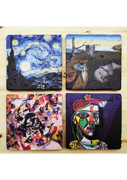 Van Gogh, Dali, Picasso, Kandinsky İçi Renkli Kupa ve Traverten Bardak Altlığı 4'lü Hediyelik Set indirimleri