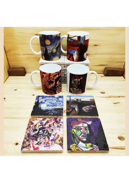 Dali, Van Gogh, Picasso, Kandinsky Tasarımlı 4'lü Kupa Bardak Mug ve Taş Bardak Altlığı Seti