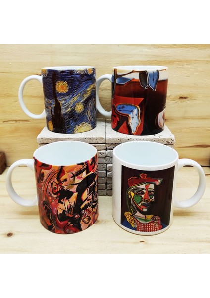 Dali, Van Gogh, Picasso, Kandinsky Tasarımlı 4'lü Kupa Bardak Mug ve Taş Bardak Altlığı Seti