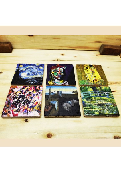 Dali,Van Gogh,Picasso,Kandinsky,Klimt,Monet Tasarımlı 6'lı Renkli Kupa ve Taş Bardak Altlığı Seti fiyatları