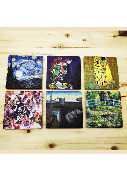 Dali,Van Gogh,Picasso,Kandinsky,Gustav Klimt,Monet Tasarımlı 6'lı Kupa ve Taş Bardak Altlığı Seti