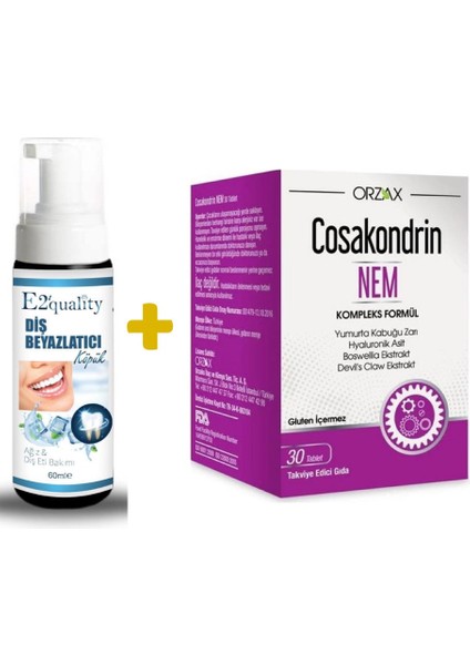 E2'quality Diş Beyazlatıcı Köpük + Orzax Cosakondrin Nem 30TABLET