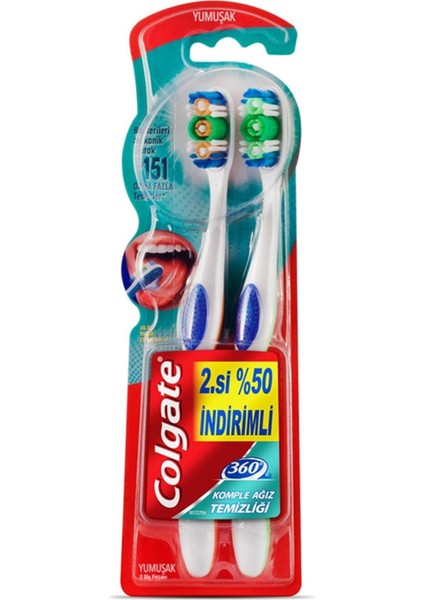 360 Komple Ağız Temizliği Yumuşak Diş Fırçası 1+1
