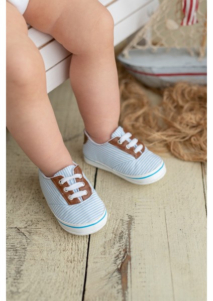 Mavi Çizgili Erkek Bebek Patik Ayakkabı