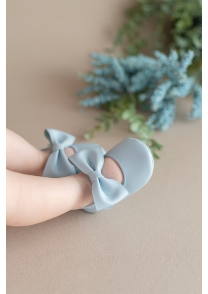 Mavi Kız Bebek Suni Deri Fiyonklu Babet Patik