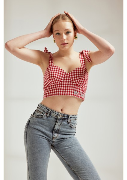 Minimalist Crop Büstiyer - Fiyonklu Askılı - Gingham Desen