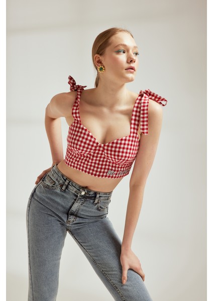 Minimalist Crop Büstiyer - Fiyonklu Askılı - Gingham Desen fiyatları