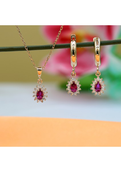 Kırmızı Beyaz Taşlı Minimal Anturaj Damla Gümüş Kolye Küpe Takım fiyatları