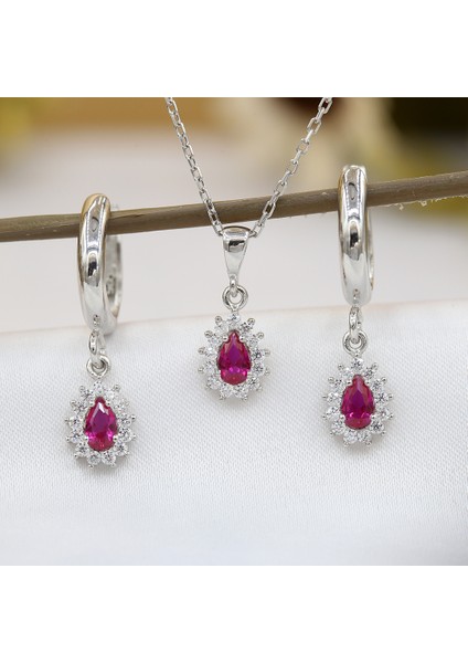 Kırmızı Beyaz Taşlı Minimal Anturaj Damla Gümüş Kolye Küpe Takım modelleri