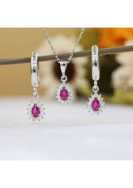 Kırmızı Beyaz Taşlı Minimal Anturaj Damla Gümüş Kolye Küpe Takım indirimleri