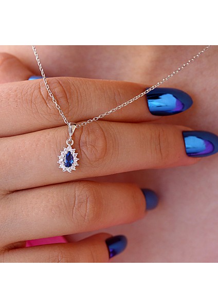 Lacivert Beyaz Taşlı Minimal Anturaj Damla Gümüş Kolye