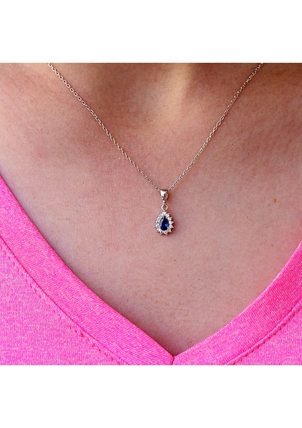 Lacivert Beyaz Taşlı Minimal Anturaj Damla Gümüş Kolye fiyatları