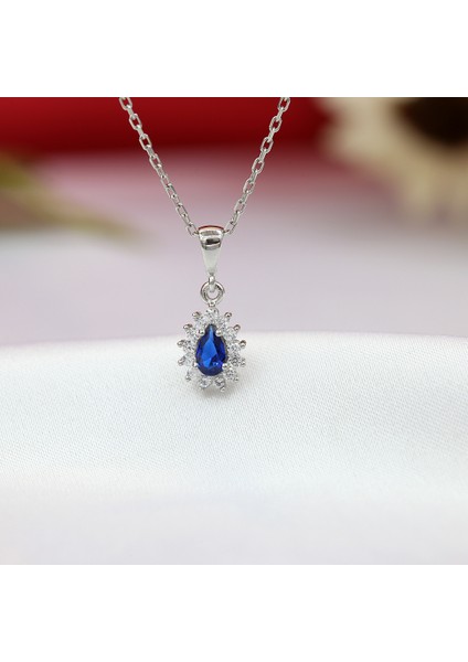 Lacivert Beyaz Taşlı Minimal Anturaj Damla Gümüş Kolye modelleri