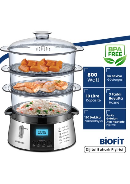 Biofit LED Ekranlı 120 Dakika Zaman Ayarlı 10 Lt Dijital Buharlı Pişirici GM7268D