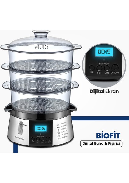 Biofit LED Ekranlı 120 Dakika Zaman Ayarlı 10 Lt Dijital Buharlı Pişirici GM7268D