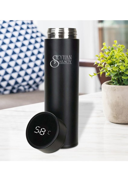 Kişiye Özel Dijital Sıcaklık Göstergeli Süzgeçli Siyah Termos 450ML