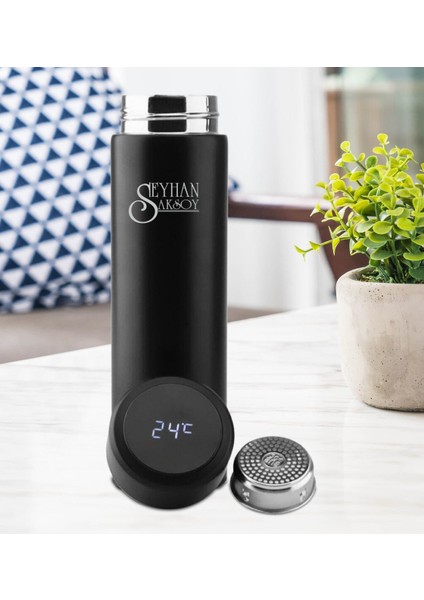 Kişiye Özel Dijital Sıcaklık Göstergeli Süzgeçli Siyah Termos 450ML modelleri