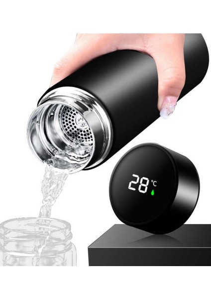 Kişiye Özel Dijital Sıcaklık Göstergeli Süzgeçli Siyah Termos 450ML fırsatları