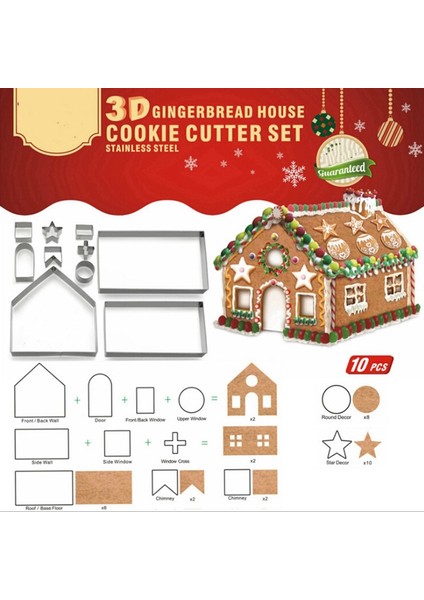 10 In 1 3D Paslanmaz Çelik Bisküvi Kalıp Noel Gingerbread Evi Pişirme Araçları (Yurt Dışından)