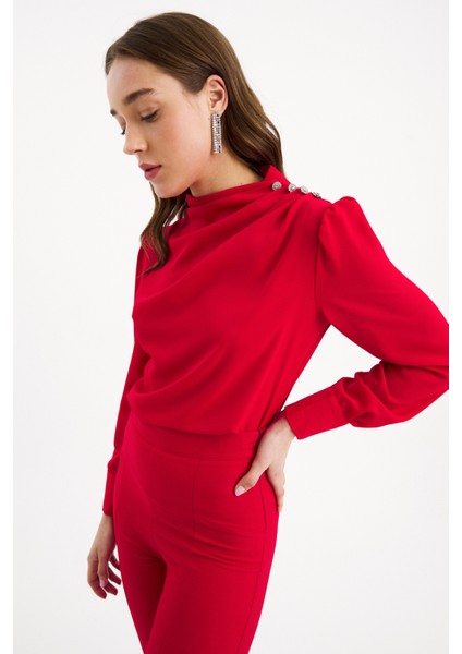 Zirkon Süs Düğmeli Salaş Bluz - Kırmızı