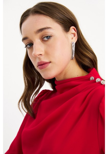 Zirkon Süs Düğmeli Salaş Bluz - Kırmızı fiyatları