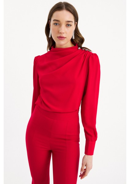 Zirkon Süs Düğmeli Salaş Bluz - Kırmızı modelleri