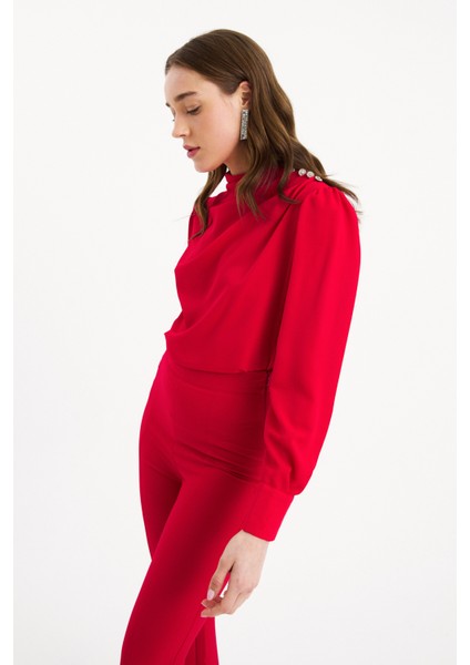 Zirkon Süs Düğmeli Salaş Bluz - Kırmızı fırsatları