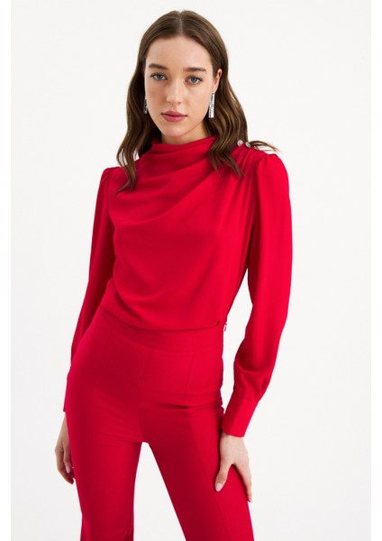 Zirkon Süs Düğmeli Salaş Bluz - Kırmızı indirimleri