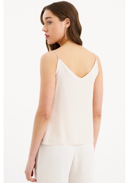 Degaje Yaka Taş Askılı Bluz - Bej indirimleri