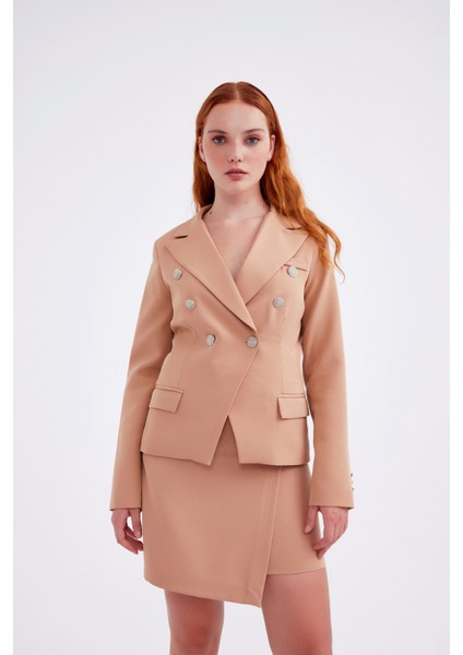 Kruvaze Düğmeli Mini Etek - Camel