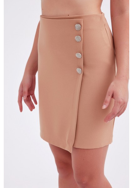 Kruvaze Düğmeli Mini Etek - Camel fiyatları