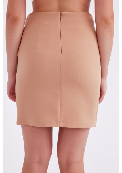 Kruvaze Düğmeli Mini Etek - Camel modelleri