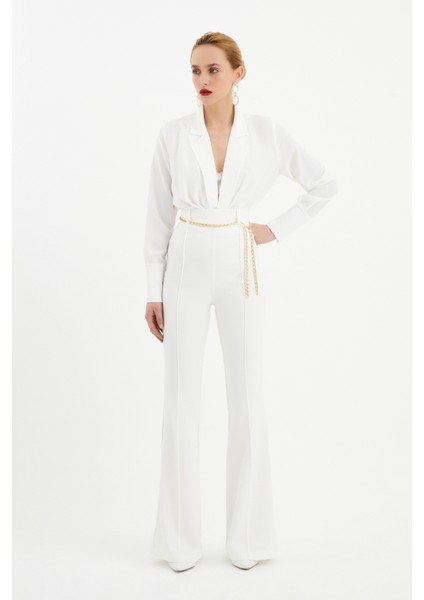 Zincir Kemer Ispanyol Paça Pantolon - Ekru