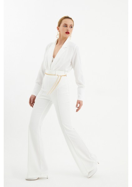 Zincir Kemer Ispanyol Paça Pantolon - Ekru fırsatları