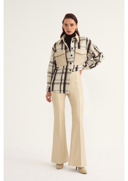 Ispanyol Paça Deri Pantolon - Taş