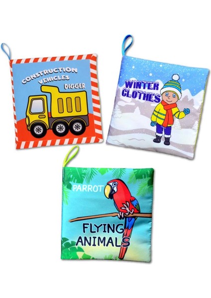 3 Kitap Tox Ingilizce Iş Makinaları , Kışlık Giysiler ve Uçan Hayvanlar Kumaş Sessiz Kitap E118 E124 E133 - Bez Kitap , Eğitici Oyuncak , Yumuşak ve Hışırtılı