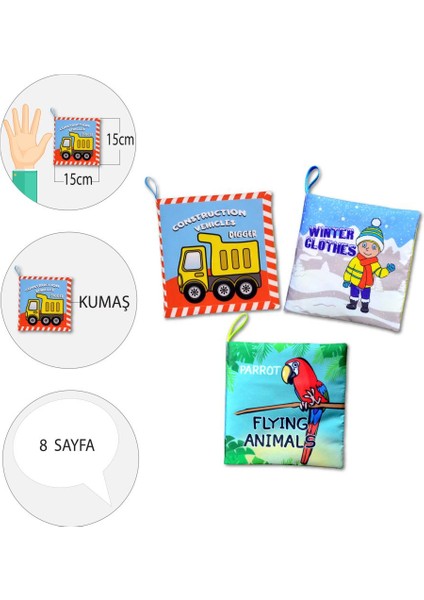 3 Kitap Tox Ingilizce Iş Makinaları , Kışlık Giysiler ve Uçan Hayvanlar Kumaş Sessiz Kitap E118 E124 E133 - Bez Kitap , Eğitici Oyuncak , Yumuşak ve Hışırtılı