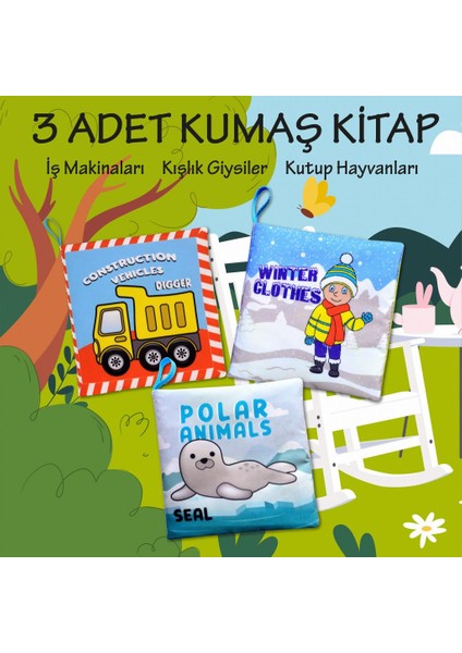 3 Kitap Tox Ingilizce Iş Makinaları , Kışlık Giysiler ve Kutup Hayvanları Kumaş Sessiz Kitap E118 E124 E125 - Bez Kitap , Eğitici Oyuncak , Yumuşak ve Hışırtılı