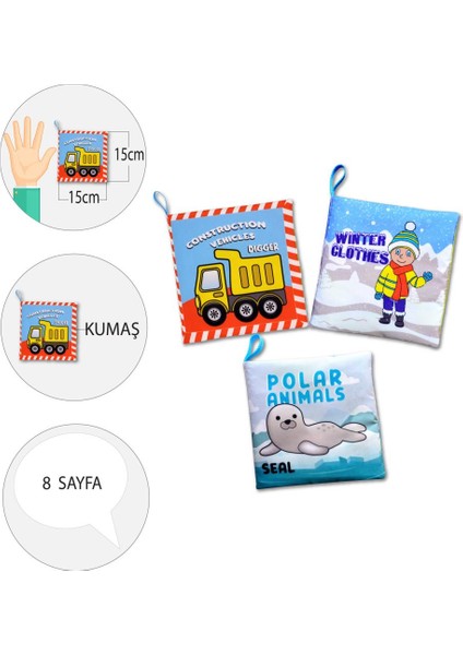 3 Kitap Tox Ingilizce Iş Makinaları , Kışlık Giysiler ve Kutup Hayvanları Kumaş Sessiz Kitap E118 E124 E125 - Bez Kitap , Eğitici Oyuncak , Yumuşak ve Hışırtılı