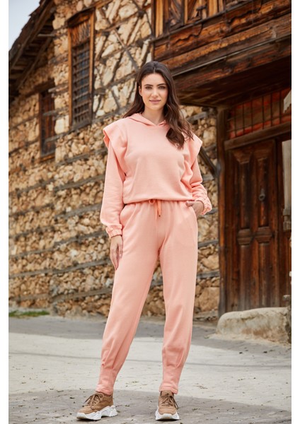 Efsi Kadın Bayan 2'li Yumuşak Esnek Pamuklu Kapüşonlu Eşofman Pijama Takımı Pudra