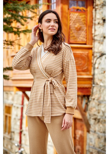 Efsi Kadın Pamuk Kazayağı Desen 3'lü Eşofman Pijama Takımı Camel
