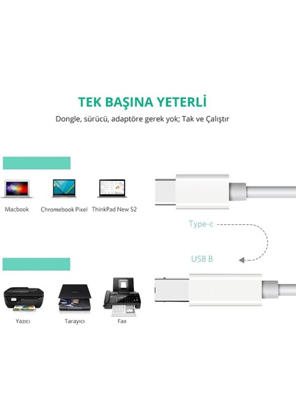 Type-C USB B Printer Kablosu 1 Metre Beyaz Type-C Yazıcı Kablosu 1 Metre Beyaz