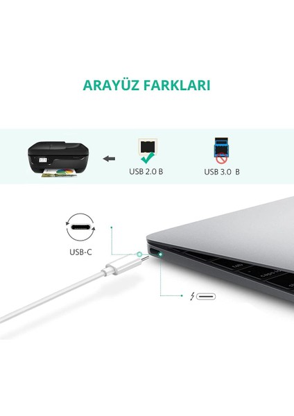 Type-C USB B Printer Kablosu 1 Metre Beyaz Type-C Yazıcı Kablosu 1 Metre Beyaz