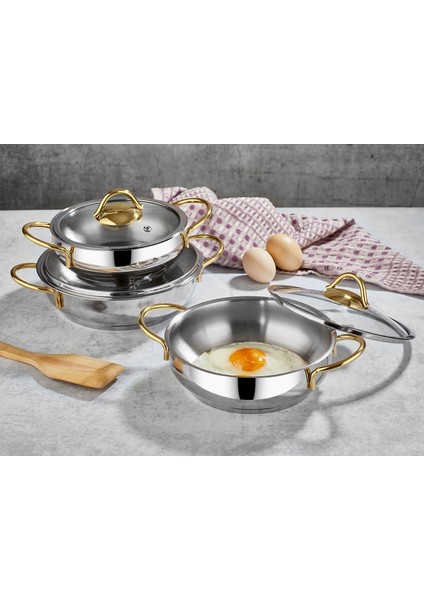 Polo Chef Proline 6 Parça Omlet Yumurta Sahanı 16-18-20 Paslanmaz Kapaklı Sahan Seti Gold